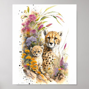 Poster Cheetah Baby et maman peinture aquarelle