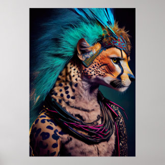 Poster Cheetah Blue Feather Mohawk Weirdcore Rainbow Punk