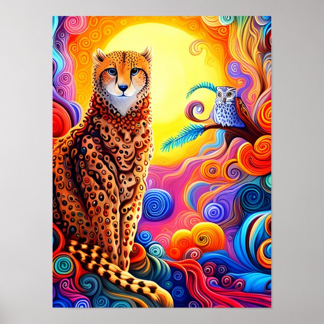 Poster Cheetah et Chouette d'Afrique avec soleil en perle (Devant)