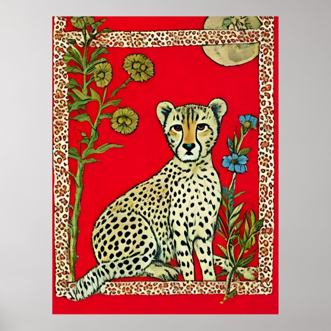 Poster Cheetah sur un Arrière - plan rouge avec fleurs (Devant)