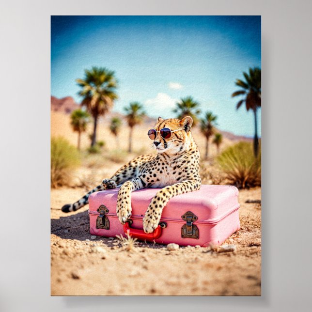 Poster Cheetah Travel Print, Retro Desert Wall Art, rose (Devant)