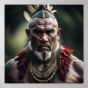 Poster Chef guerrier maori en coiffure