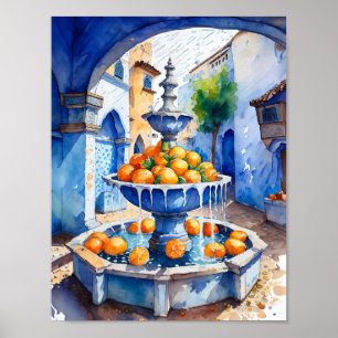 Poster Chefchaouen Maroc Fontaine orange Aquarelle