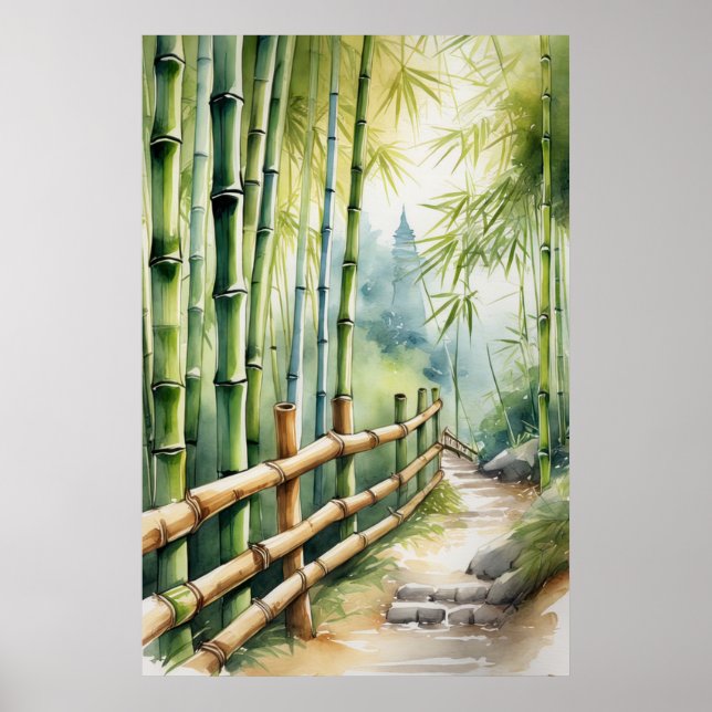 Poster Chemin de clôture en bois au milieu du bambou (Devant)