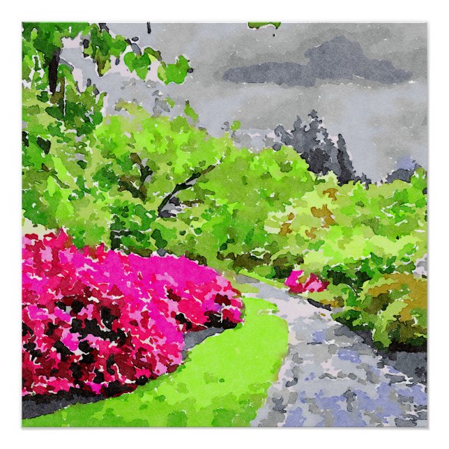 Poster Chemin de jardin serein avec fleurs roses vives (Devant)