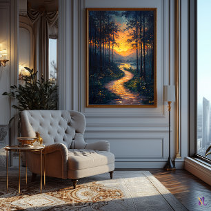 Poster Chemin de la forêt au coucher du soleil dans le st