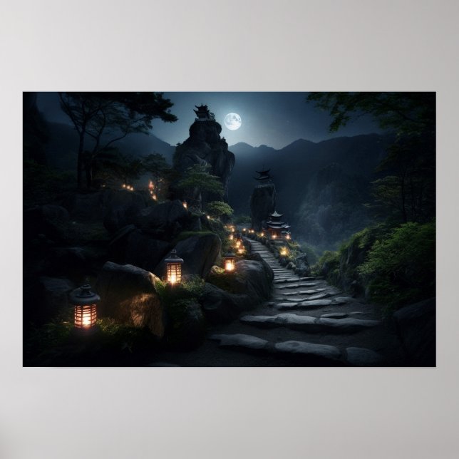 Poster Chemin de pierre sinueux vers les temples de roche (Devant)