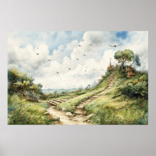 Poster Chemin d'enroulement en aquarelle jusqu'à un cotta