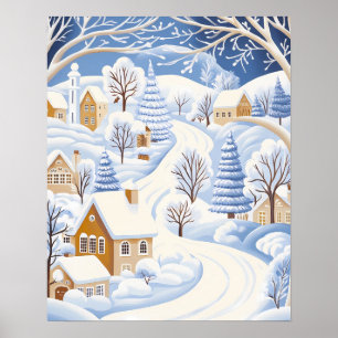 Poster Chemin d'hiver à travers le village enneigé et les
