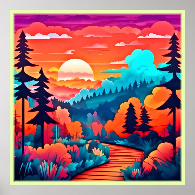 Poster Chemin du coucher du soleil à travers la forêt d'a (Devant)
