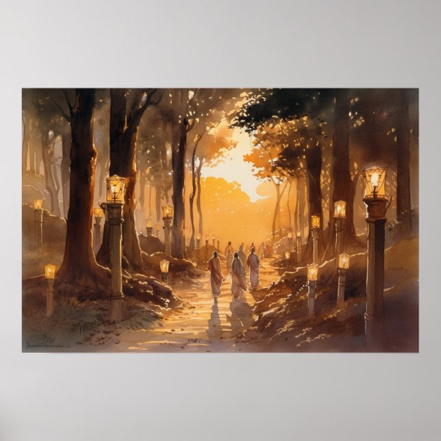 Poster Chemin du pèlerin aquarelle à travers les bois (Devant)