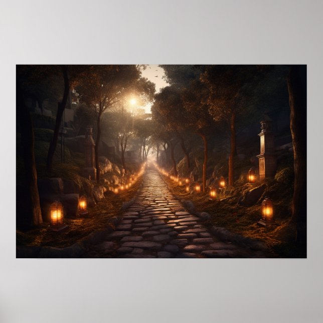 Poster Chemin pavé sinueux à travers les bois au crépuscu (Devant)