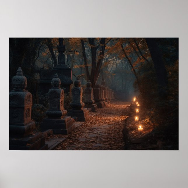 Poster Chemin pavé sinueux à travers les bois au crépuscu (Devant)