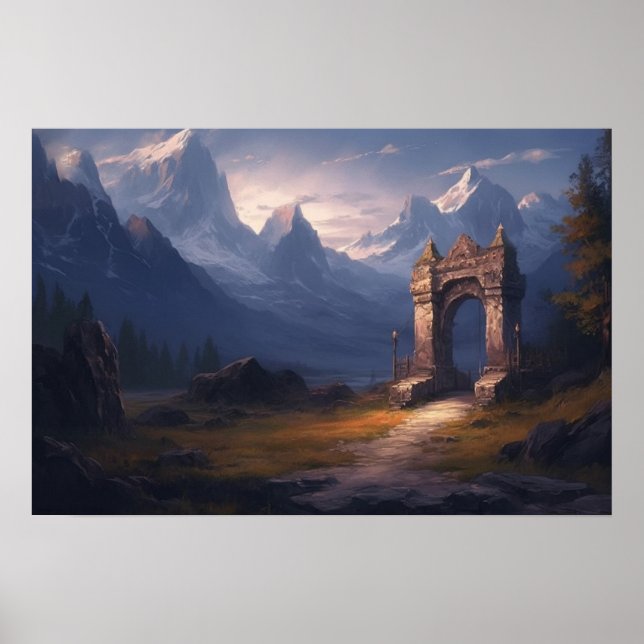 Poster Chemin sinueux de peinture à l'huile vers l'ancien (Devant)