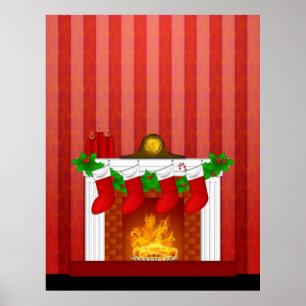 Poster Cheminée avec le papier peint de rouge de