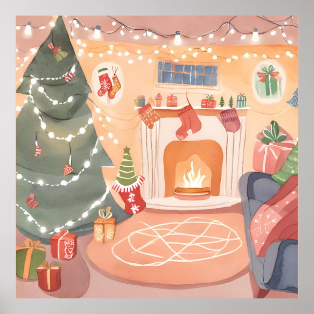 Poster Cheminée de Noël à l'aquarelle (Devant)