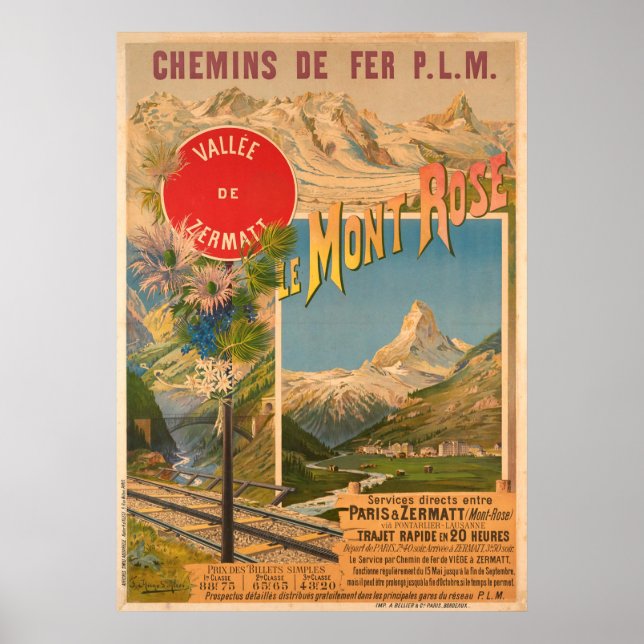 Poster Chemins de fer P.L.M Le Mont Rose Vallée de (Devant)