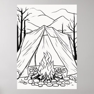 Poster Chemise de camping avec tente et feu de camp en li
