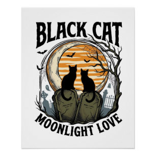 Poster Chemise Halloween Chat Noir Vintage Lune Cimetière