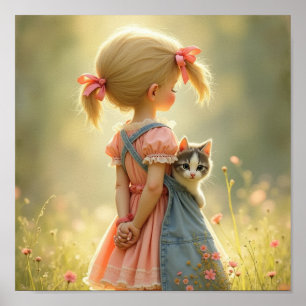 Poster Chère petite fille avec son chaton