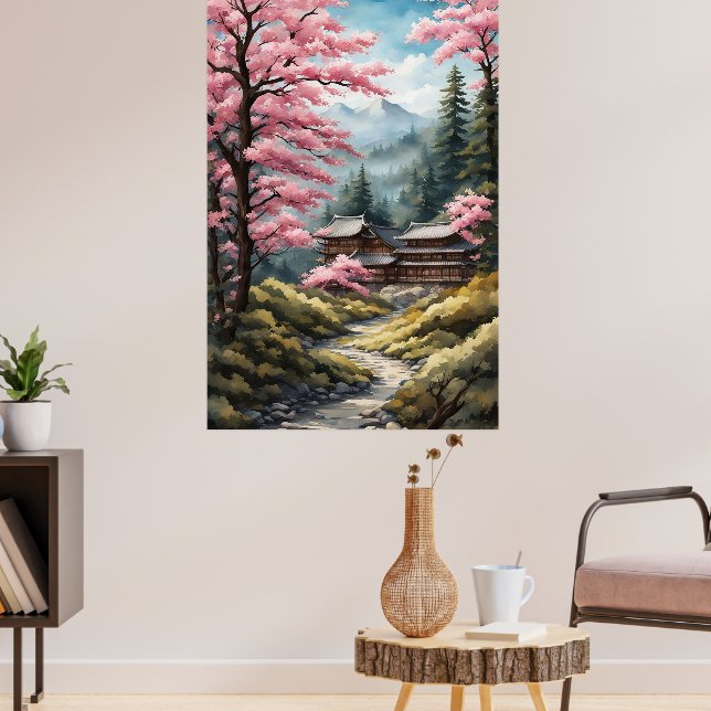 Poster Cherry Blossom, Aquarelle de la forêt japon (Salon 3)