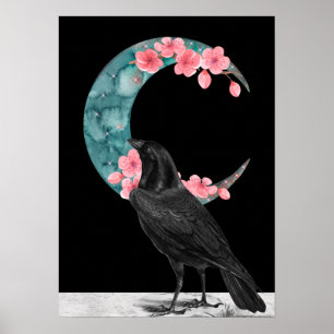 Poster Cherry Blossom Crescent Moon and Crow