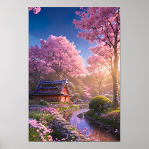 Poster Cherry Blossom et Colorée Nature Retreat
