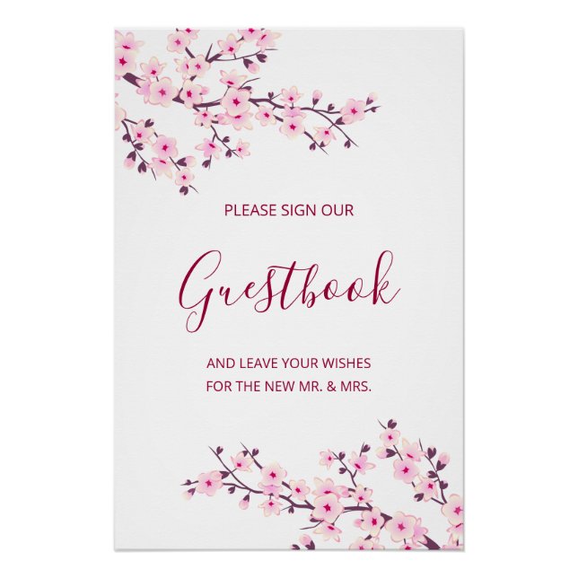 Poster Cherry Blossom Pink White Wedding Guestbook  (Devant)