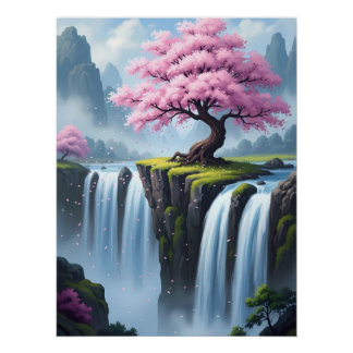 Poster Cherry Blossom Tree Above Waterfalls