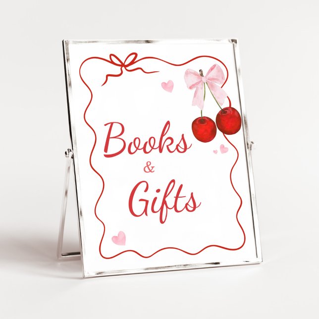 Poster Cherry on Top Pink Bow Baby showers Livres et Cade (Cherry on Top Baby Shower Books and Gifts Sign)