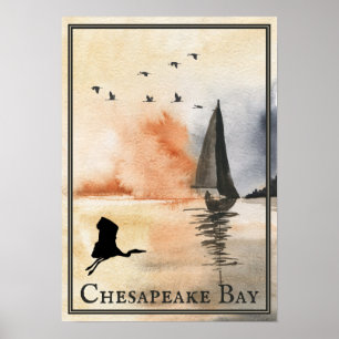 Poster Chesapeake Bay Bateau à voile et coucher de soleil