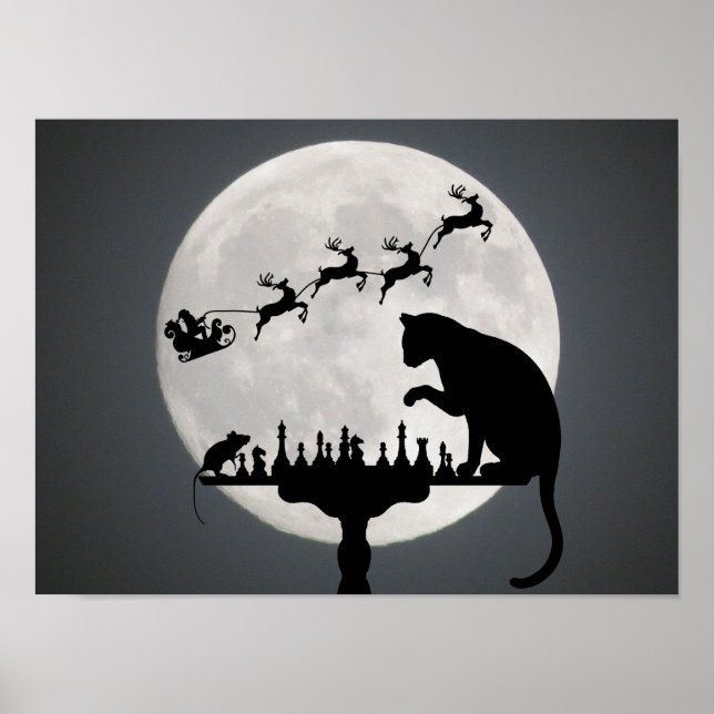 Poster Chess Père Noël Pleine lune Chat et jeu de souris  (Devant)