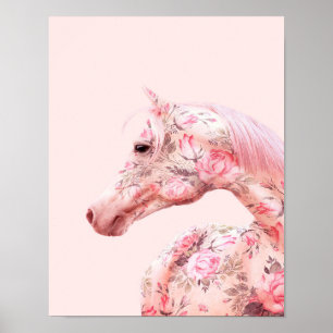 Poster Cheval à cheval à fleurs roses   Oeuvre esthétique