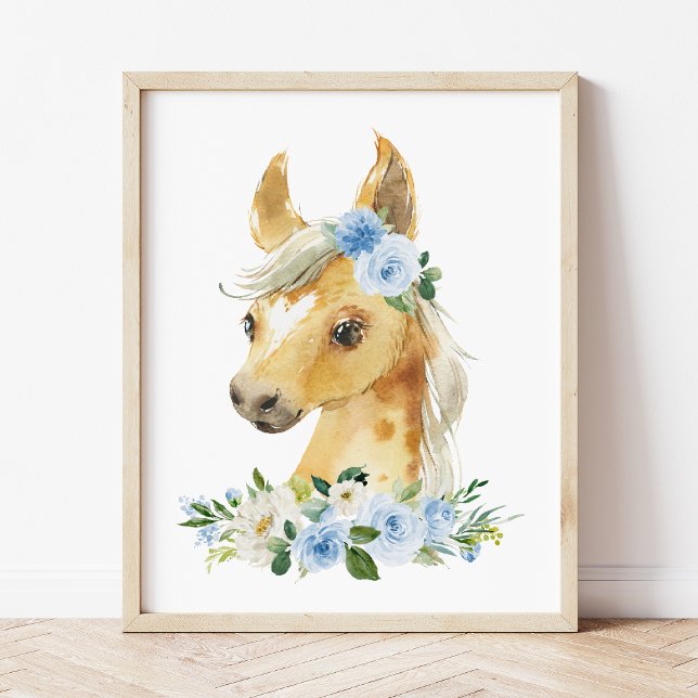 Poster Cheval, Animaux de ferme, Fleurs bleues, Garçon (Créateur téléchargé)