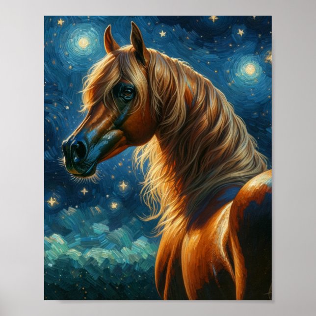 Poster Cheval arabe à Van Gogh Starry Night (Devant)
