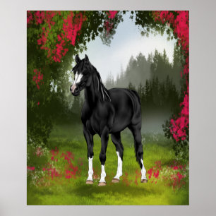 Poster Cheval arabe noir dans une prairie printanière