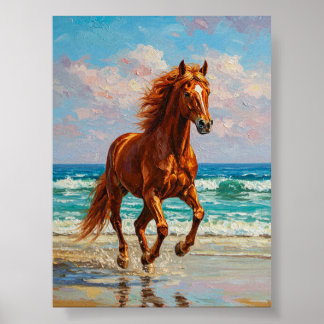 Poster Cheval au galop au bord de la mer | Peinture à l'h