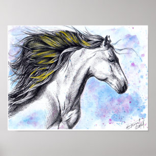 Poster Cheval au galop sauvage Aquarelle et encre Art équ