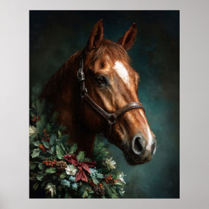 Poster Cheval avec couronne de fête et ruban rouge