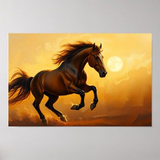 Poster Cheval bai galope, ciel de coucher de soleil, crin