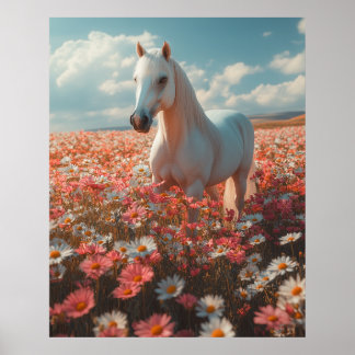 Poster Cheval blanc au milieu d'un pré en fleurs