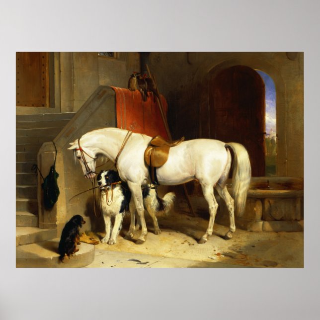 POSTER CHEVAL BLANC AVEC CHIENS ET FALCONS EN STABLE (Devant)