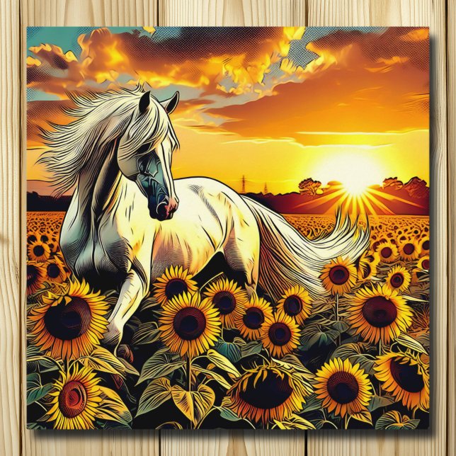Poster Cheval blanc dans le champ des tournesols au couch (Créateur téléchargé)