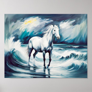 Poster Cheval blanc dans une mer orageuse