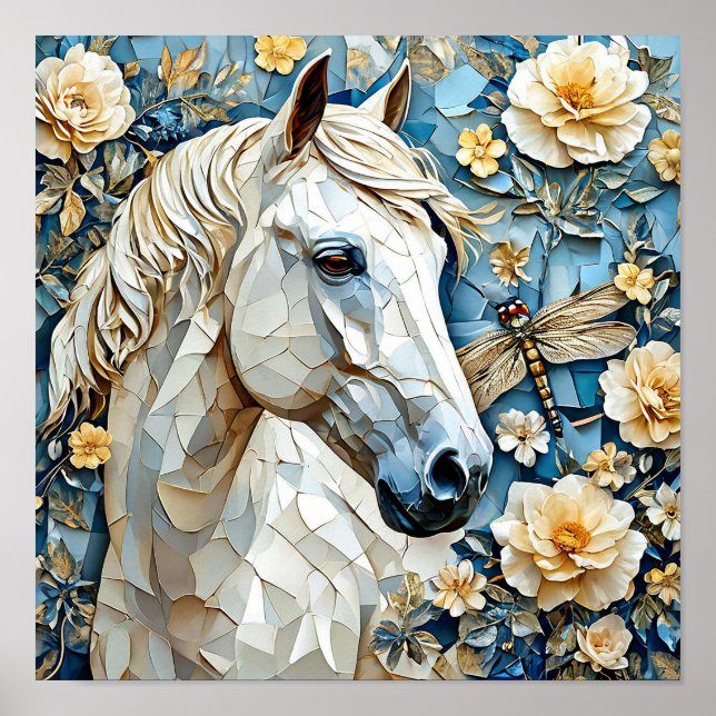 Poster Cheval blanc et fleurs (Devant)
