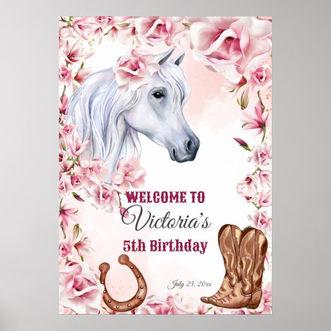 Poster Cheval blanc fleurs roses cofille anniversaire bie (Devant)