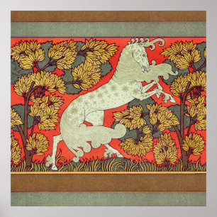Poster CHEVAL BLANC RAMPANT, ARBRES EN FORÊT Art nouveau