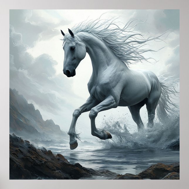 Poster Cheval Blanc Traversant L'Eau (Devant)