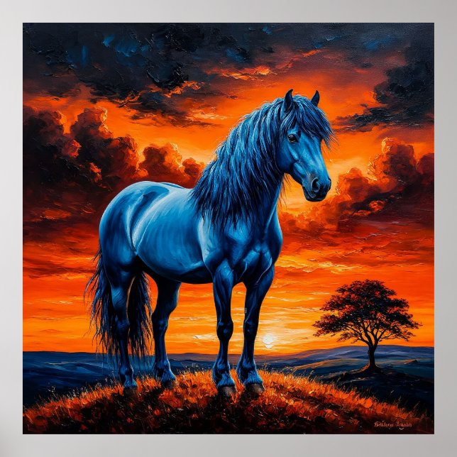 Poster Cheval Bleu dans un paysage de coucher de soleil a (Devant)