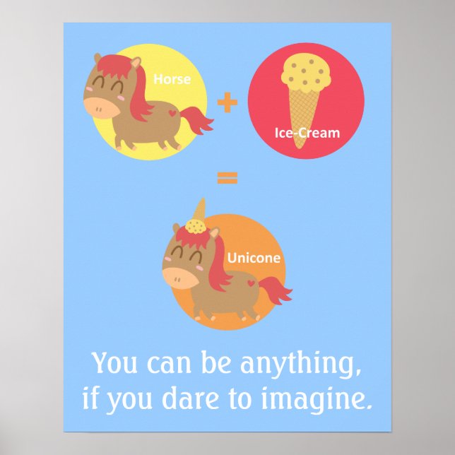 Poster Cheval Brown Kawaii essayant d'être une licorne (Devant)